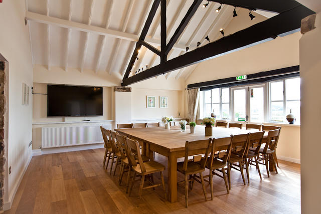 Dining Room with Original Oak Beams, the table can be set up to seat 24-34 guests